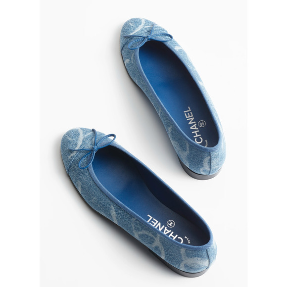 Chanel 23B Printed Denim Blue White CC Logo Bow Tie Ballet Ballerina Flat 41 - Picture 8 of 12